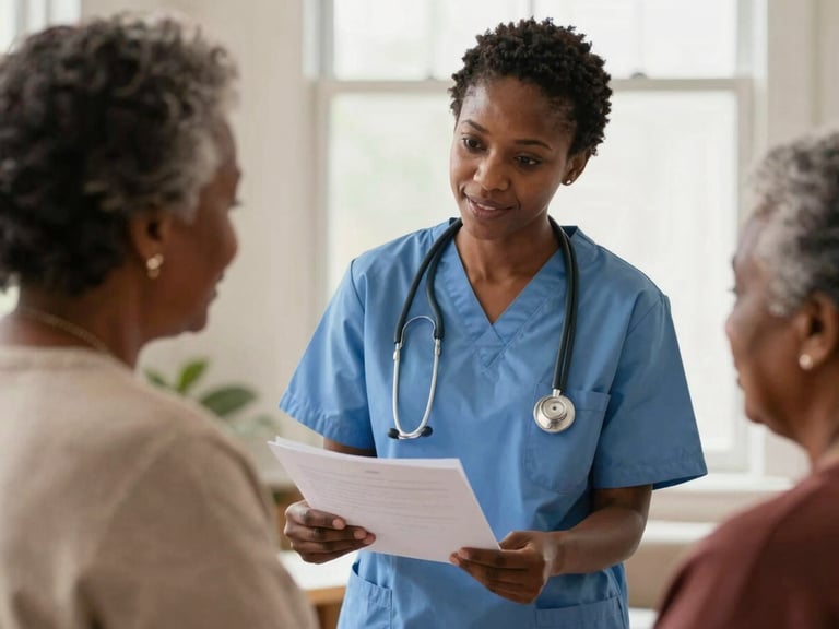 African American nurse explaining a document to an elderly Black woman, warm natural light, shallow depth of field