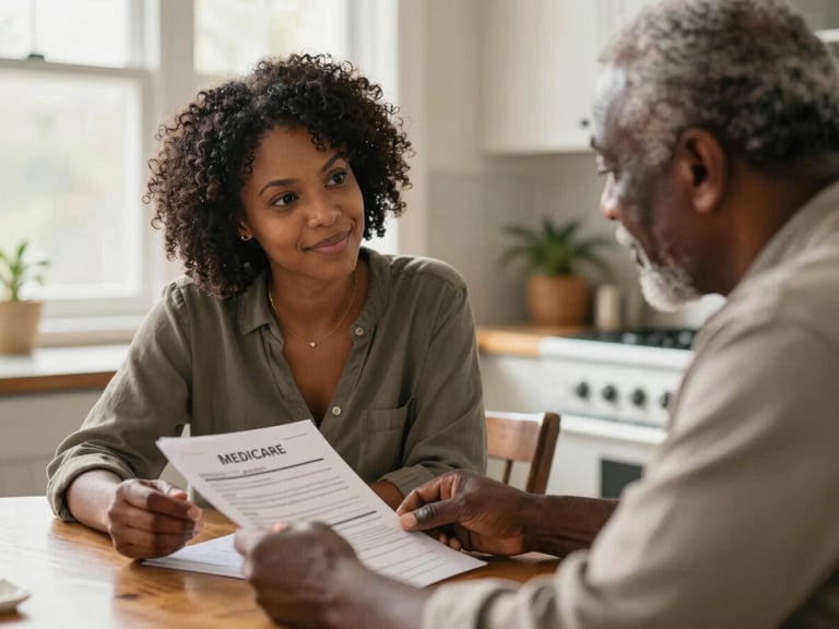 A compassionate African American female advocate explaining Medicare documents to an elderly African American man at a kitchen table, with warm natural window light. Medium close-up, shallow depth of field, 35mm lens.