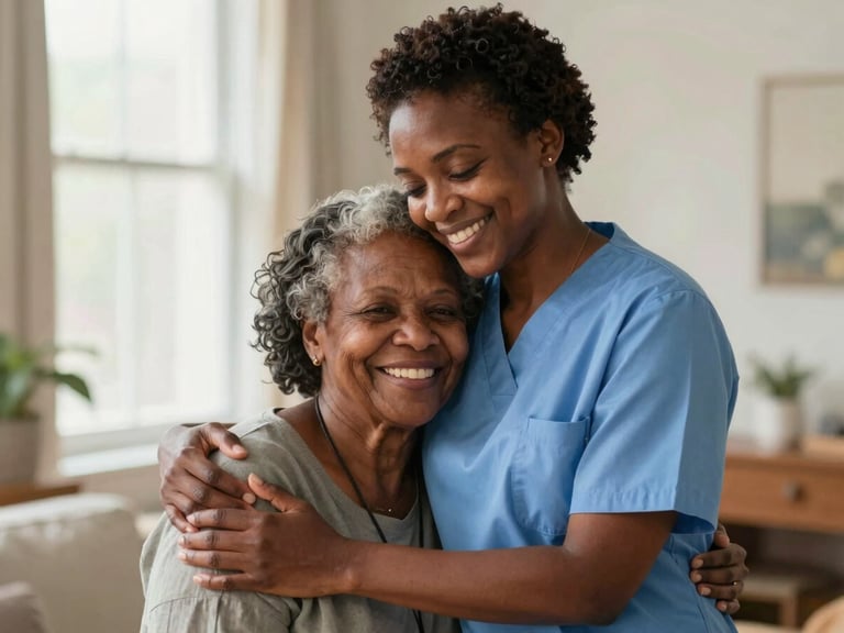 A kind African American nurse gently hugging an elderly Black woman, both smiling, in a warm, naturally lit home setting. Medium close-up, shallow depth of field, 35mm lens.