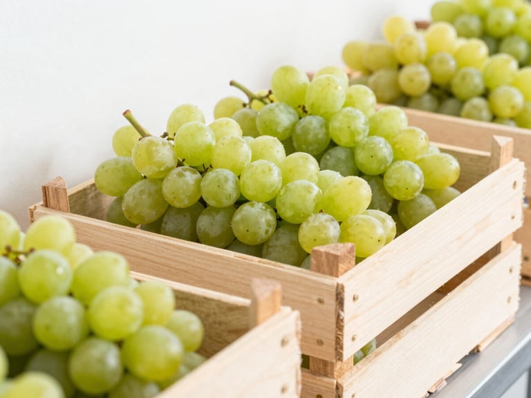 A crisp close-up of export-grade table grapes packed neatly in clean modern wooden crates inside a bright temperature-controlled cold storage facility, high-key daylight