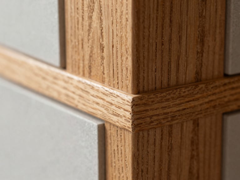 Macro photograph of a hand-sanded timber joint, rich textured oak wood grain, soft directional daylight, shallow depth of field, 35mm