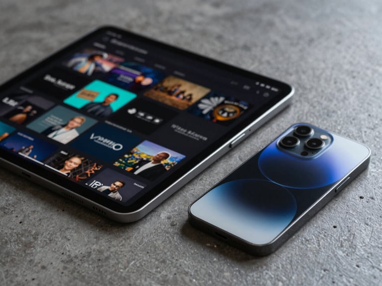 Close-up of a modern tablet and flagship smartphone side-by-side on a dark concrete table, showing a highly polished, dark-mode streaming media interface with neon-cyan accents