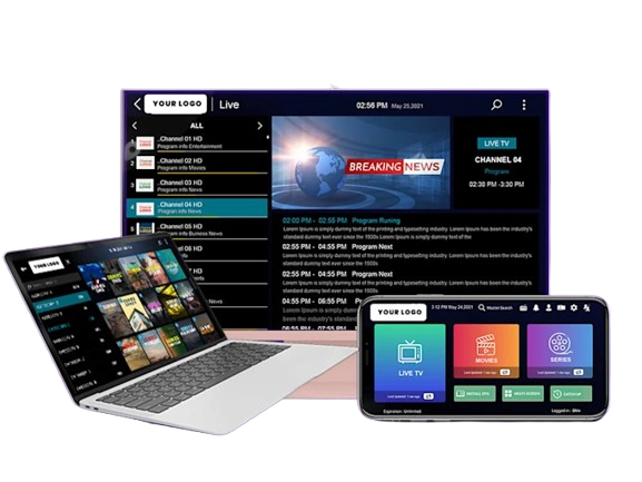 IPTV application interface displayed on a laptop, smartphone, and smart TV screen.