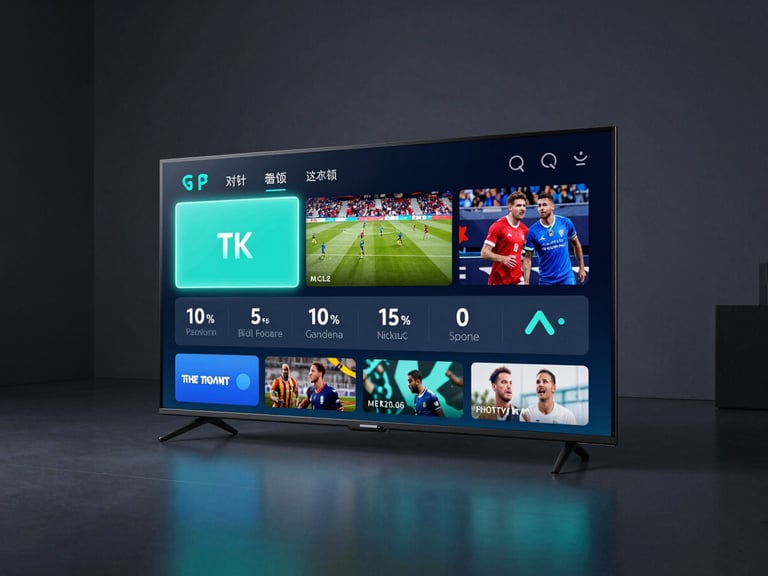 Cinematic wide shot of a high-end OLED TV in a minimalist dark living room, displaying a glowing channel interface with live sports action, neon cyan accents, zero reflection.