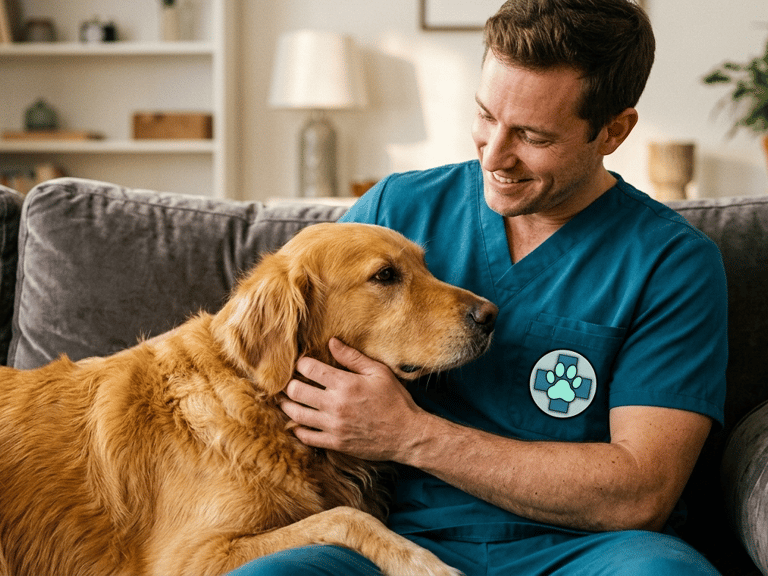 A smiling male in blue scrubs petting a Golden Retriever dog on a gray sofa.
