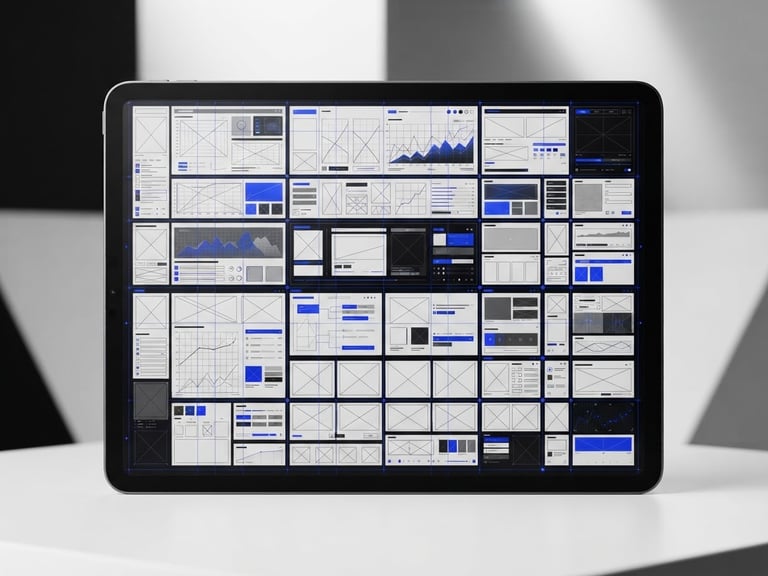 Straight-on studio shot of a high-fidelity digital template mockup on a sleek tablet, sharp 1px grid lines on screen, electric cobalt accents, high-contrast monochrome background, ultra-sharp focus, 50mm