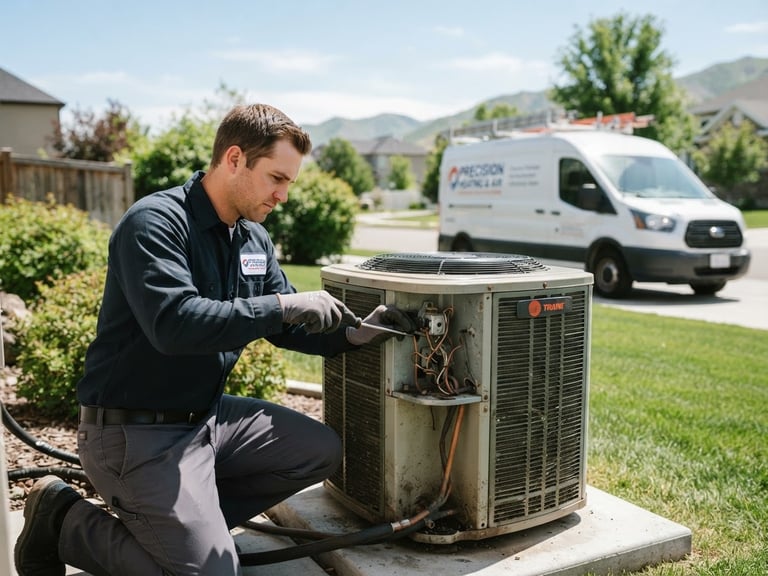 Professional AC technician in uniform inspecting an outdoor condenser unit in Lindon, Utah, bright daylight, service van in background