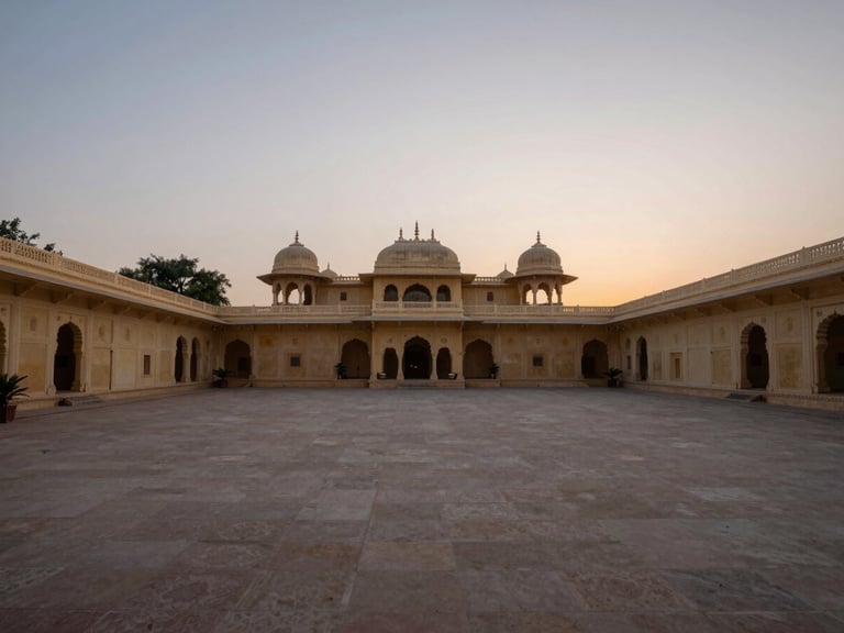 Wide cinematic landscape of an empty luxury courtyard in Udaipur at dusk, soft diffused lighting, elegant architectural symmetry, quiet luxury mood.