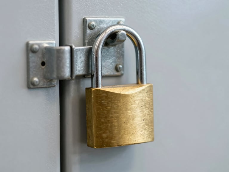 Tight close-up of a heavy-duty brass padlock secured on a clean, galvanized steel storage unit latch under bright, even facility lighting.