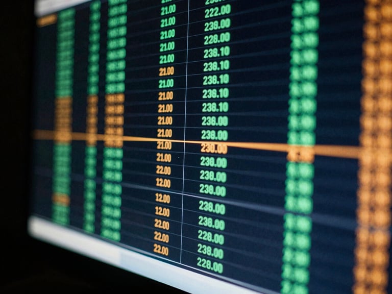 Macro close-up of a high-contrast trading terminal screen in a dark room, glowing green and amber data lines, shallow depth of field, 35mm photography