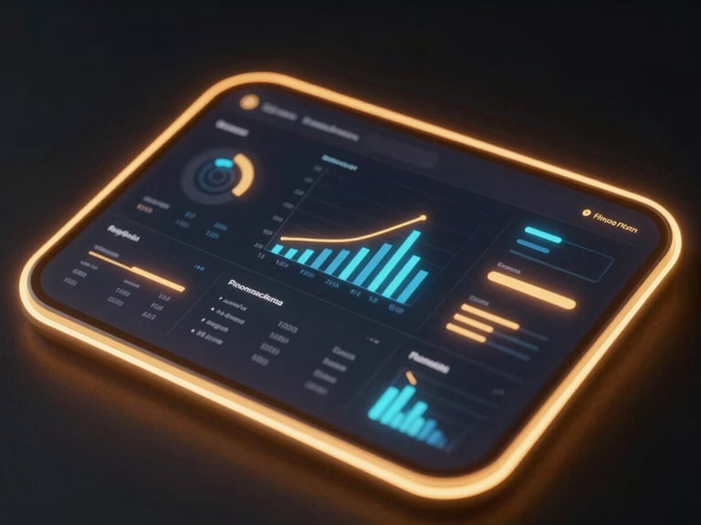 Dark 3d render of a finance app dashboard with glowing data visualizations, neon amber rim lighting, deep obsidian background, cyber-luxury mood.