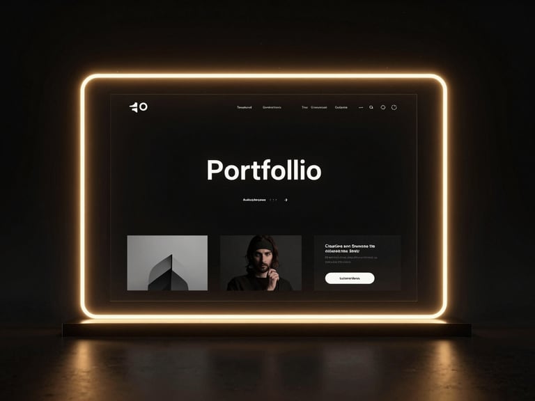 Dark 3d render of a minimalist portfolio website wireframe glowing on a glass display, neon amber rim lighting, deep obsidian background, macro lens.