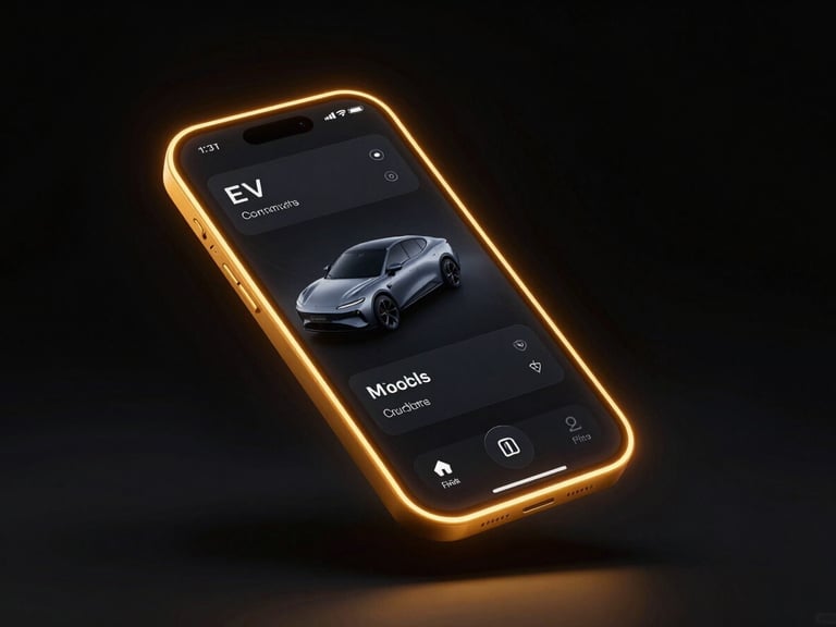 Dark 3d render of a sleek EV charging mobile app interface floating in an obsidian void, neon amber rim lighting, cyber-luxury mood, macro lens.