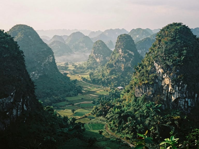 Dramatic view of Ma Phuc Pass in Cao Bang winding through steep limestone karst mountains, misty valley below, lush green vegetation, overcast cinematic lighting, 35mm film.