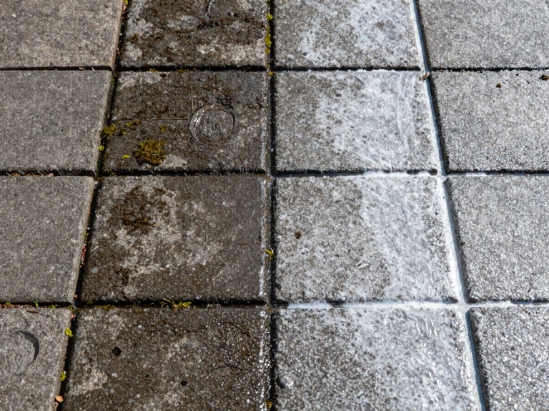 Close-up ground-level shot of grey concrete pavers, left half stained with dark moss and grime, right half pressure-washed to bright clean stone under direct sunlight, sharp surface texture, water residue visible on the clean side, no people