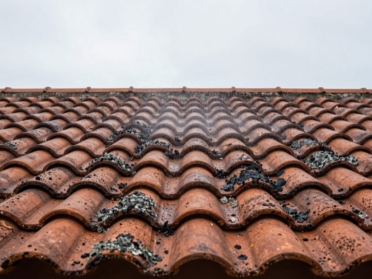 Tight wide shot of a terracotta roof with black lichen patches in the foreground under soft overcast light, a fine low-pressure water mist visible mid-air above the tiles, no people, surface texture sharp and readable