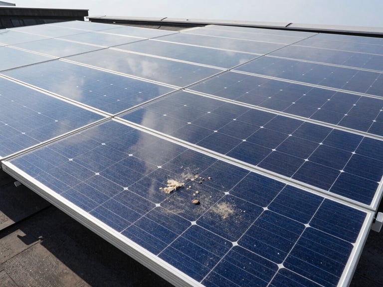 Wide environmental shot of a rooftop solar panel array, one panel visibly dusty and filmed with mineral deposits in overcast light, the adjacent panel freshly cleaned and reflecting crisp blue sky — high contrast between the two, no people, tight framing on the glass surface