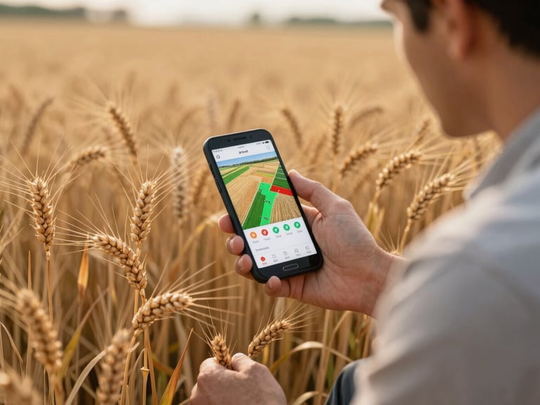 Medium shot, agronomist kneeling in a wheat field holding an Android phone, screen showing a crop monitoring dashboard with field zones and alert flags, morning light, focus on the screen detail