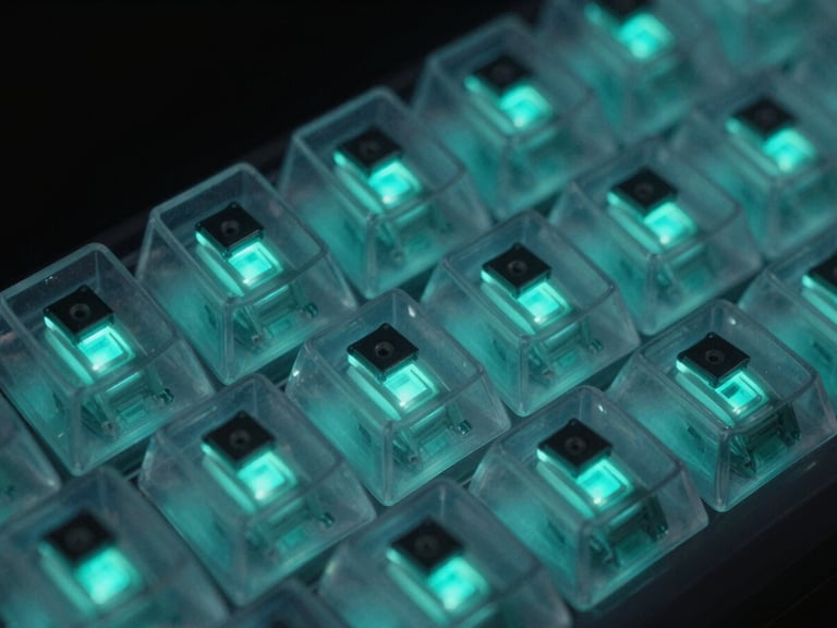 Macro close-up of custom translucent keycaps showing the glowing cyan magnetic switch underneath, dark studio background