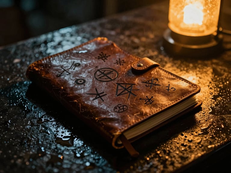 Extreme close-up of a worn leather journal with handwritten occult symbols on a rain-slicked metal surface, illuminated by a harsh amber streetlamp, dark noir style.