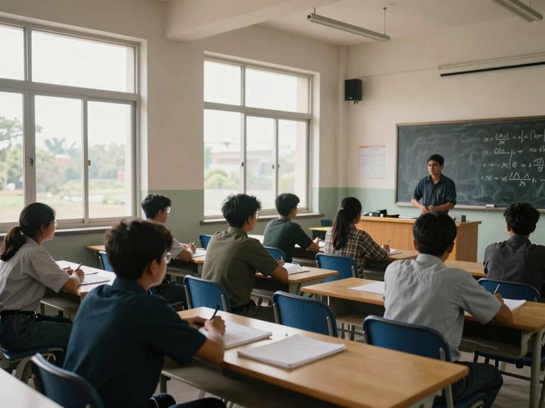 Wide shot of a coaching institute classroom in Ranchi, overcast daylight through tall windows, rows of desks with students' notebooks open, blackboard with equations visible