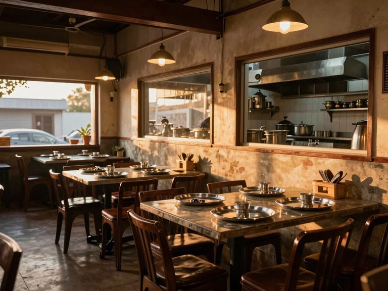 Wide shot of a restaurant interior in Muzaffarpur at golden hour, warm shop lighting, tables set with steel thalis, kitchen visible through pass-through window