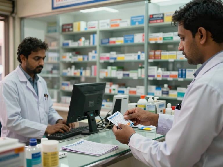 Wide environmental shot of a busy pharmacy counter in Patna, natural daylight through glass facade, medicine shelves in background, pharmacist's hands handing over a packet