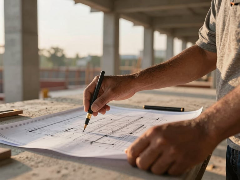 Close-up of a contractor's hands reviewing blueprints on a construction site in Dhanbad, golden hour light, concrete columns visible in background