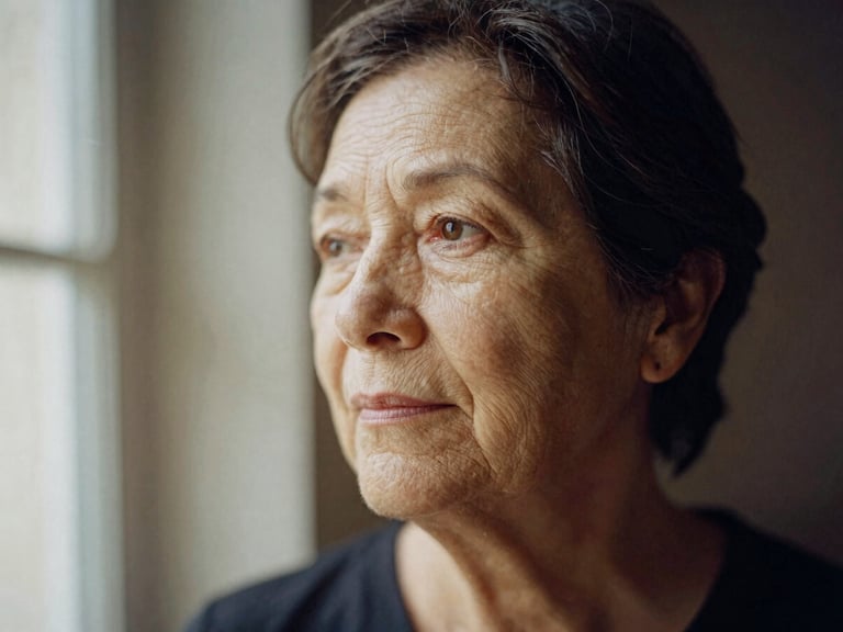 Radiant portrait of an older woman with unretouched skin showing fine lines and genuine grace, warm side lighting, Hasselblad medium format, 35mm film grain.