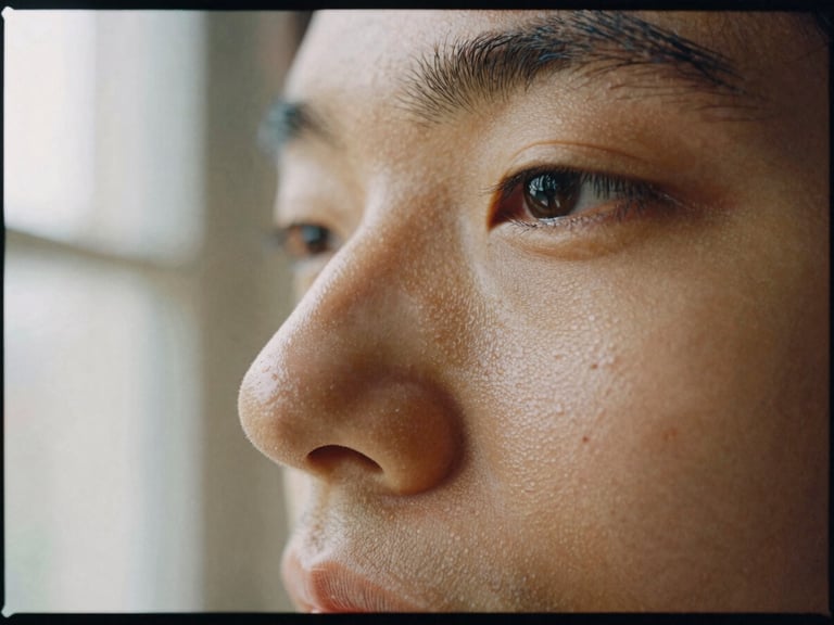 Close-up of skin texture showing natural shine around nose and forehead in soft window light, Hasselblad medium format, 35mm film grain.