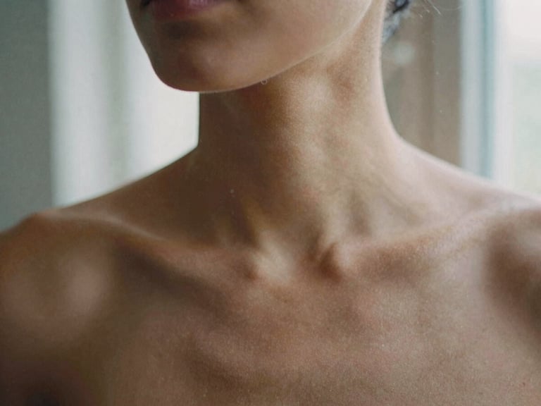 Close-up of calm, sensitive skin tone around the collarbone and neck, natural window light, visible pores, Hasselblad medium format, 35mm film grain.
