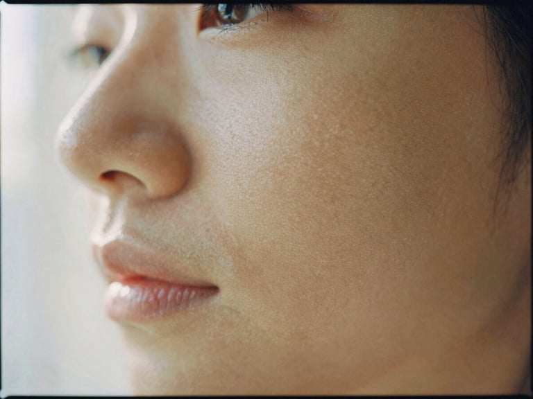 Close-up of delicate, dry skin texture on cheeks with soft morning light filtering through linen, Hasselblad medium format, 35mm film grain.