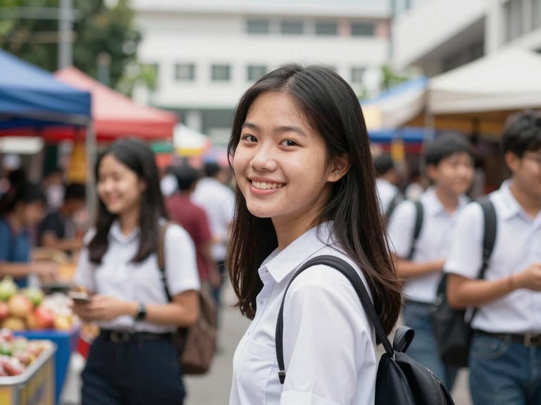 Vietnamese student exploring a bustling street market near a university in Kuala Lumpur, Malaysia, bright natural daylight, youthful and hopeful mood, shallow depth of field, 35mm