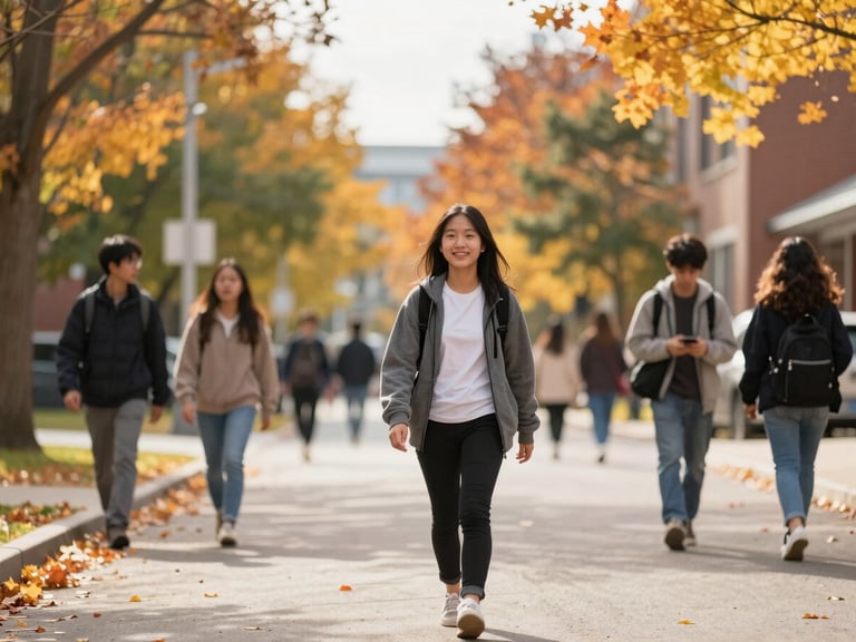 Vietnamese student walking through a vibrant university district in Montreal, Canada, autumn leaves, warm golden-hour tones, shallow depth of field, 35mm