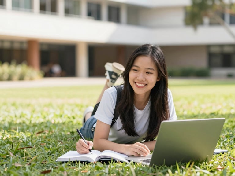Vietnamese student smiling studying on a modern university campus lawn in Sydney, Australia, bright natural daylight, shallow depth of field, 35mm