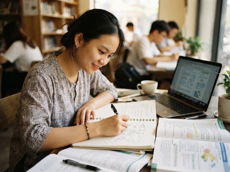 Vietnamese student sketching a world map in a notebook, surrounded by open books and a laptop, bright natural daylight, youthful and hopeful mood, shallow depth of field, 35mm.