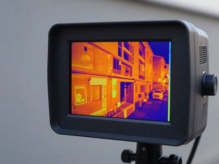 Close-up of a high-tech thermal imaging camera screen showing a detailed heat map of a wall, sharp industrial focus, high contrast slate and orange tones.
