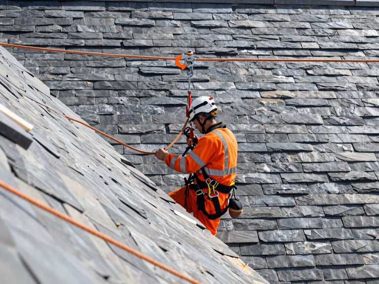 Construction worker in high-visibility orange harness secured to a temporary safety line on a slate roof, bright daylight, high contrast slate and orange tones