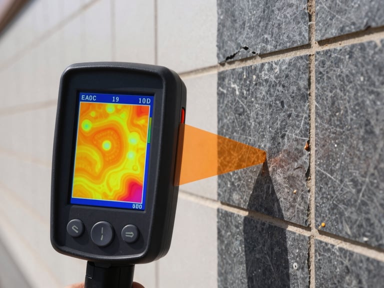 Thermal imaging camera screen showing a high-contrast heat map of water infiltration behind a tiled wall, sharp industrial focus, detailed architectural focus
