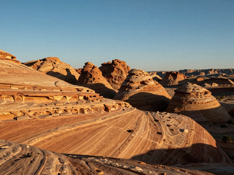Sweeping view of Book Cliffs sandstone formations at golden hour, crisp high-desert daylight, wide environmental landscape