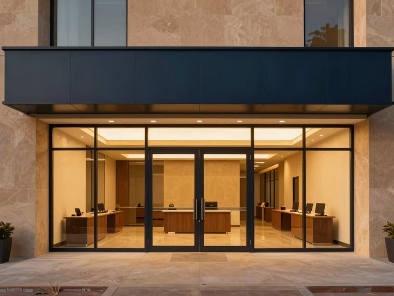 Clean modern office interior, warm interior lighting, architectural details of well-maintained properties, straight-on architectural photography