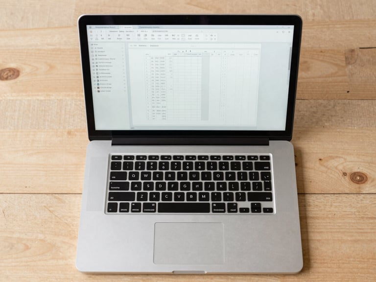 A clean, top-down flat-lay of a designer's desk with a laptop displaying a blueprint-style file organization interface. Soft morning daylight, sharp grid alignment.