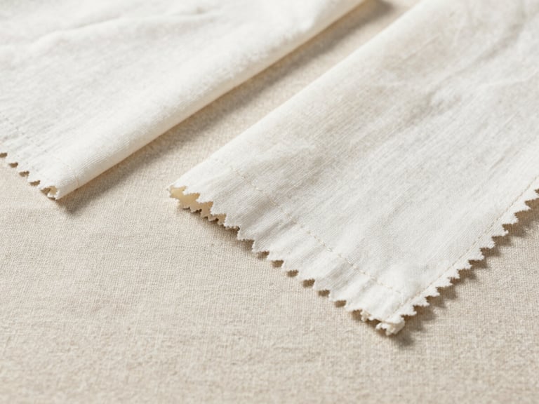 Crisp flat-lay of finished cotton garment samples on a raw linen surface, natural side lighting showing stitching detail.