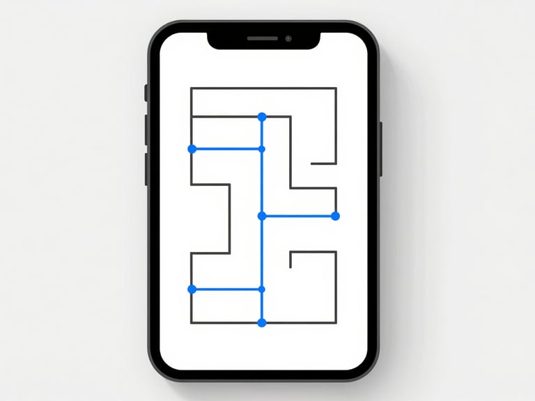 Flat vector schematic of a mobile app interface showing clean data flow paths, top-down orthographic view, monochrome lines with safety-blue highlights, neutral white background