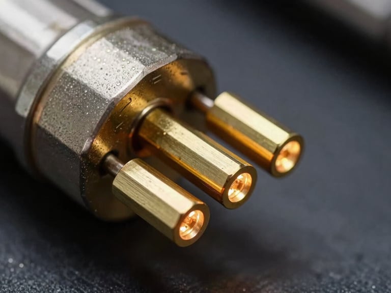 Macro close-up of a brass band heater, glowing electrical terminals, dark industrial background, high-contrast metallic textures, shallow depth of field