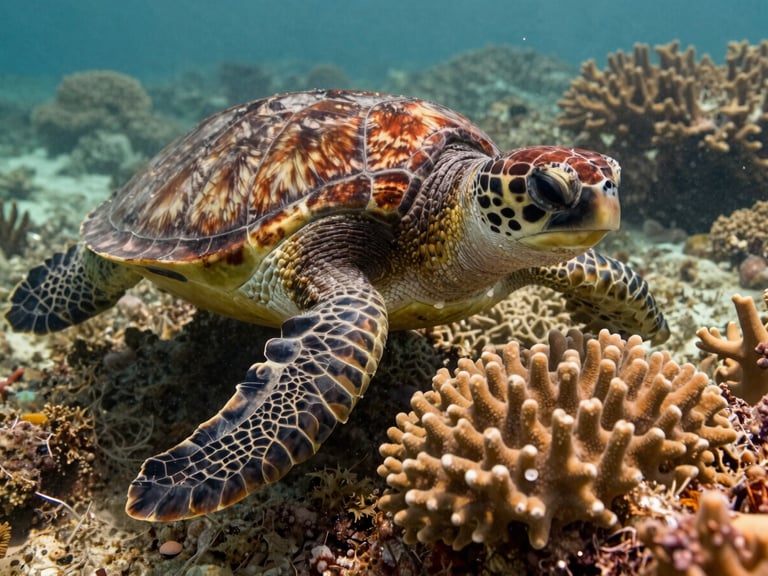 Extreme close-up of a hawksbill sea turtle swimming gracefully over a healthy brain coral formation, warm natural lighting