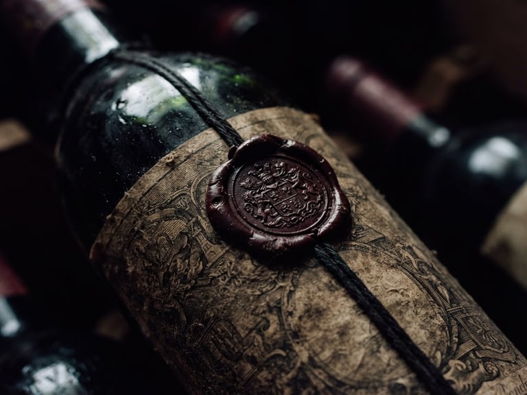 Close-up of a rare vintage wine bottle label with a textured wax seal, dramatic chiaroscuro lighting, deep shadows, 35mm, dark moody editorial photography