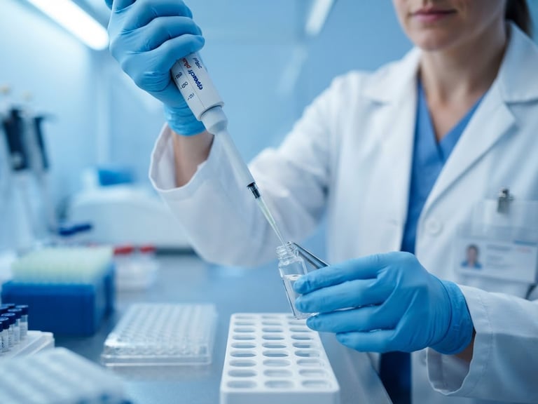 Macro close-up of a clinical laboratory technician in a white coat using a micropipette to extract a water sample into a vial, bright cool clinical lighting, sterile blue tones.