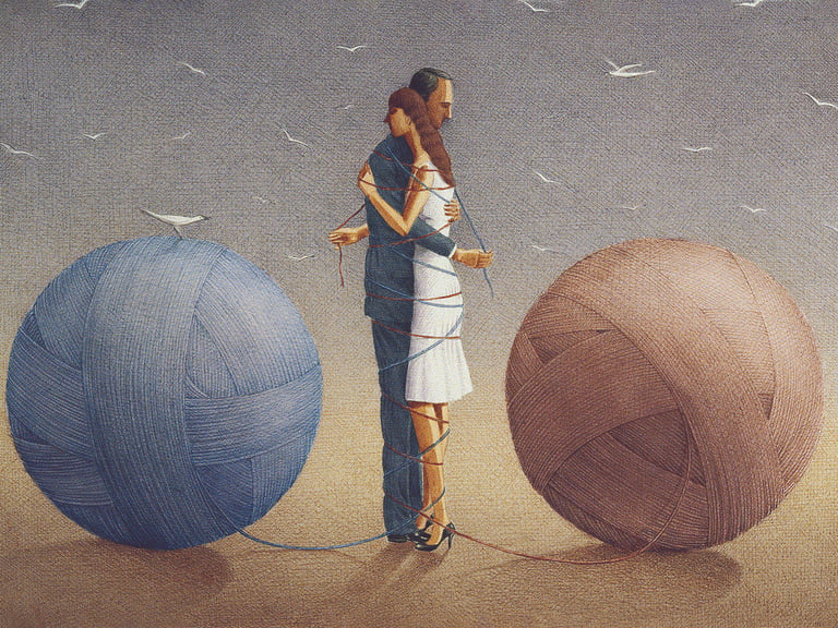Surrealist oil painting of a couple bound together by yarn from two giant blue and brown wool spheres.
