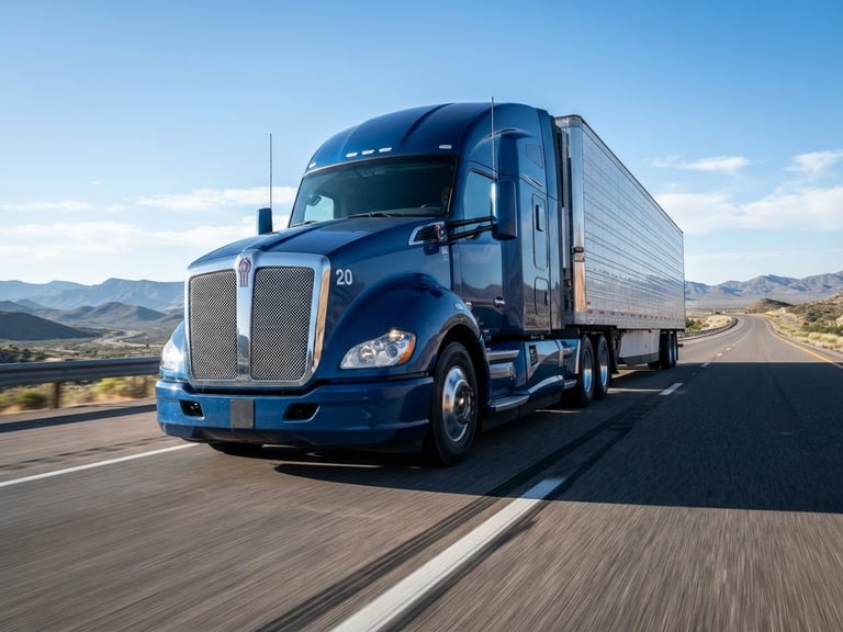 Low-angle powerful perspective of a modern blue freight truck on an open highway under crisp morning light, high-contrast, clean lines.